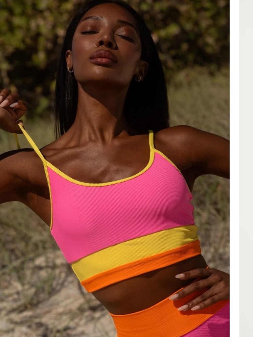Beach Riot Pink Ribbed Colorblock Crop Swim Top with Yellow and Orange Trim